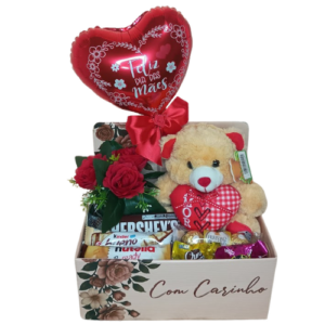 CESTA 01-Pelúcia 20cm+Flores Permanentes+Chocolates Variados+Balão